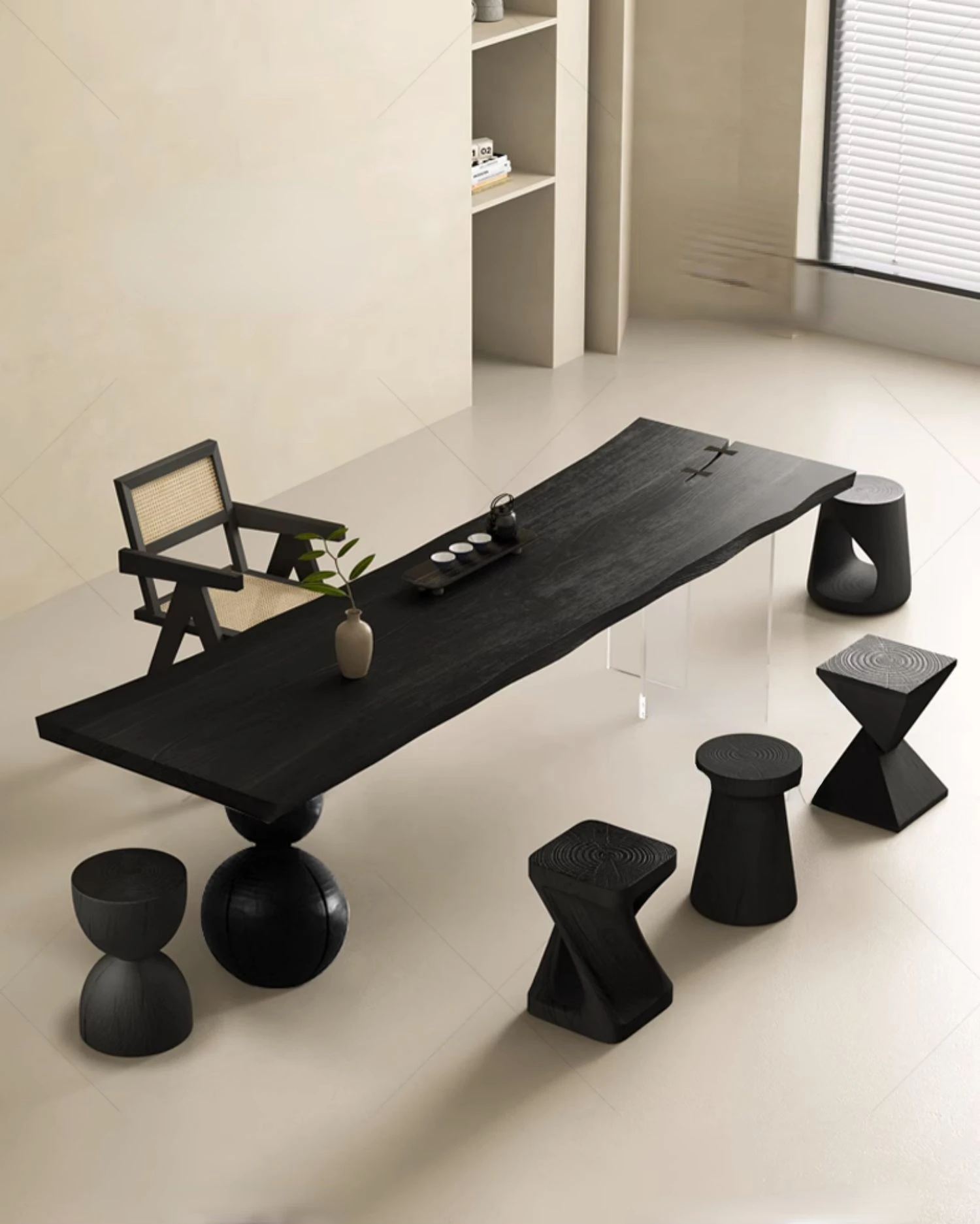 Carbonized black whole board irregular solid wood tea table and chair combination