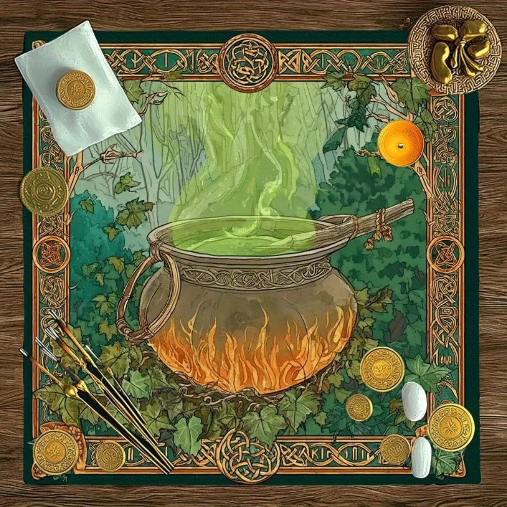 Mantel de Tarot de Múltiples Tamaños con Estampado de Bosque Mágico y Caldero Místico, Paño de Altar de Poliéster para Adivinación y Juego de Cartas