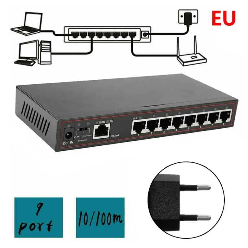 Переключатель 9 портов, переключатель RJ45, переключатель, металлический для коммутатора Ethernet 110/100 Мбит/с, Прямая поставка