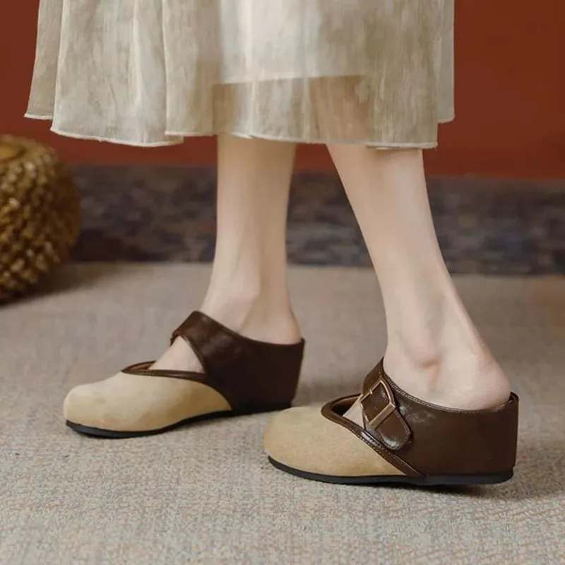 

Retro Soft Leather Slippers Woman Design Buckle Wedge Heel Mary Jane Shoes Fairy Style Indoor Outdoor Luxury Comfortable Shoes
