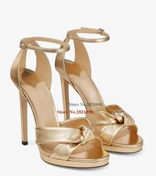 Metallic Golden Thin Platform Heeled High Heel Sandals Women's Shoes Hollow Out Back Cross Knot Ankle Wrap Sexy Shoes Party