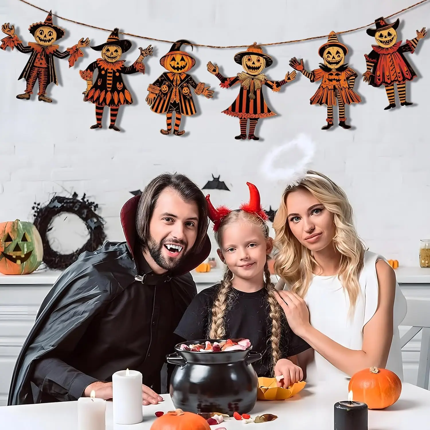 Vintage houten Halloween-bannerset - 6-delige handgemaakte vlaggenlijn met pompoen- en heksontwerpen, rustieke hangende wanddecoratie voor thuis