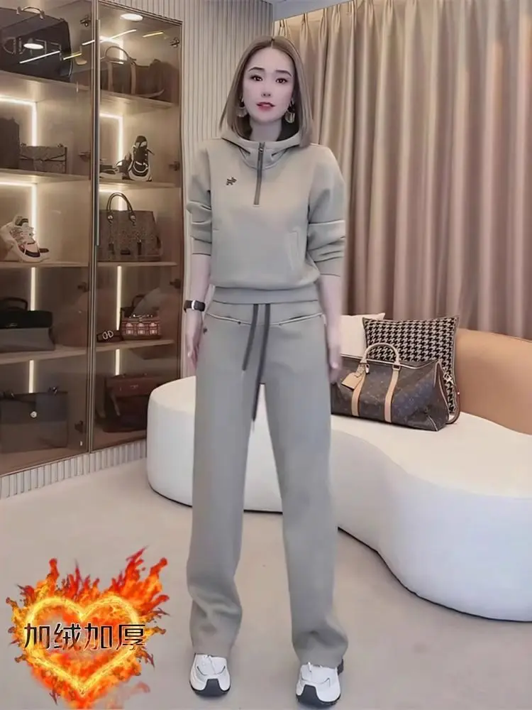 

Женский осенне-зимний комплект, горячая распродажа, модная повседневная спортивная одежда с полумолнией + широкие брюки, повседневный элитный комплект из двух предметов