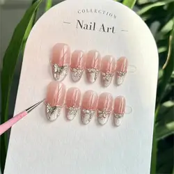 10Pcs Handmade Almond Press on Nails Pink French Luxury Decoration Reusable False Nails Full Cover Nail Tips for Girls