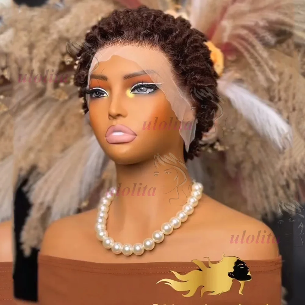Kurze Pixie-Cut Dreadlocks-Perücken, Schokoladenbraun, Afro-Twists Dreadlocks Lace Frontal Perücke, Faux Locs Geflochtene Haarersatz-Perücken – Detail 3