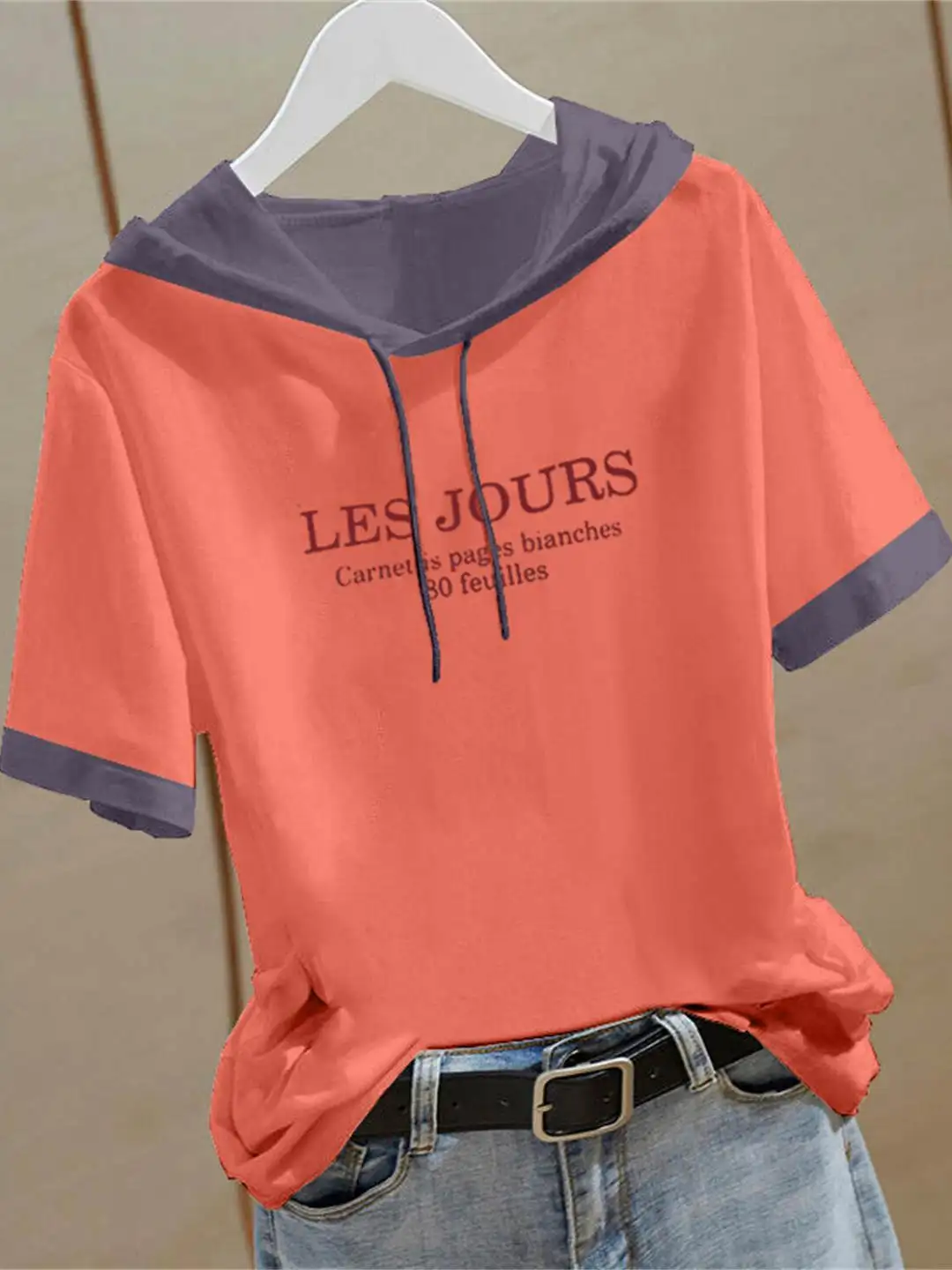 Fashionable Color Block Hoodie Short Sleeve Women's T-Shirt Pure Cotton Slim Fit Half Sleeve Trendy Street Style Top Summer