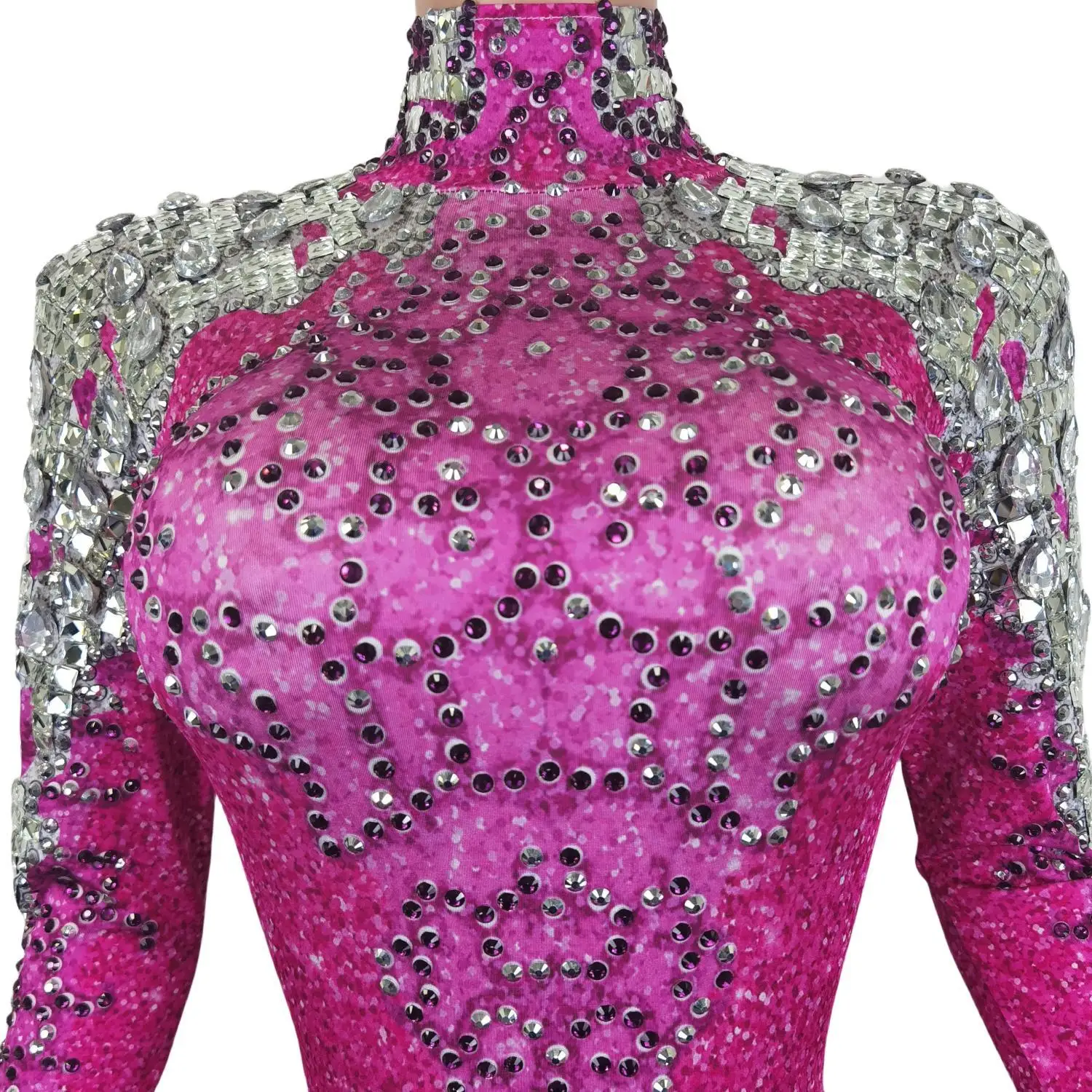 Shining Rhinestone Performance Costumes Party Prom Bodycon Jumpsuits Sexy Pink High Necked and Backless One Piece Bodysuit