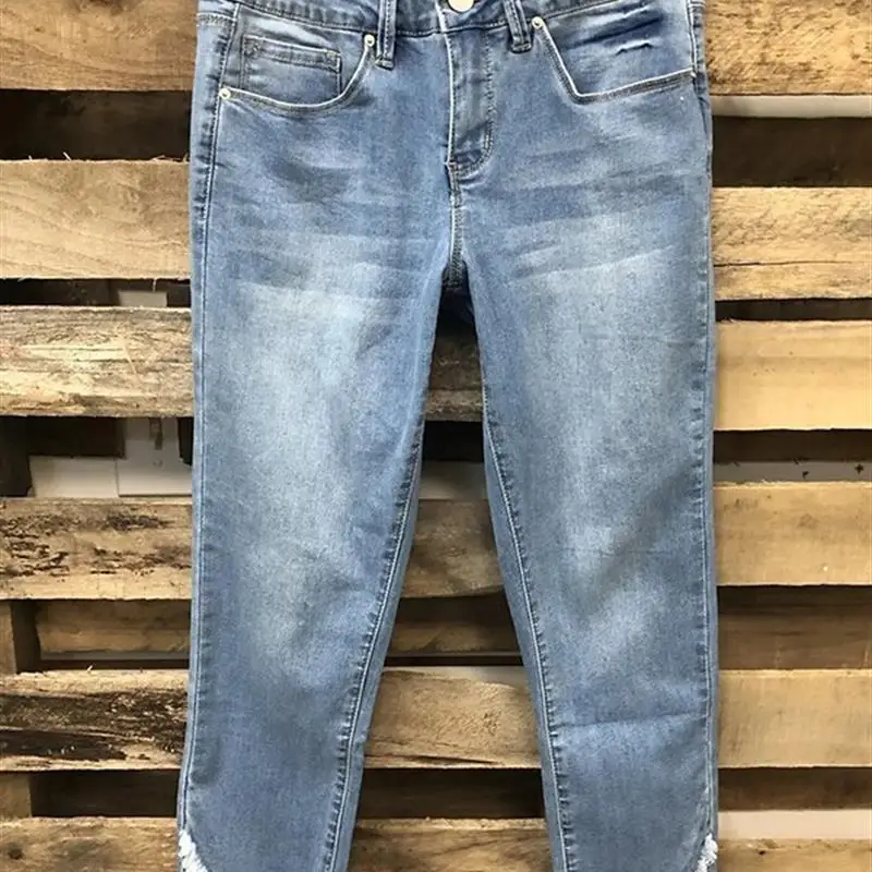 

Модные асимметричные джинсовые брюки с высокой талией, девять очков синего цвета, женские брюки премиум-класса на небольшую ногу