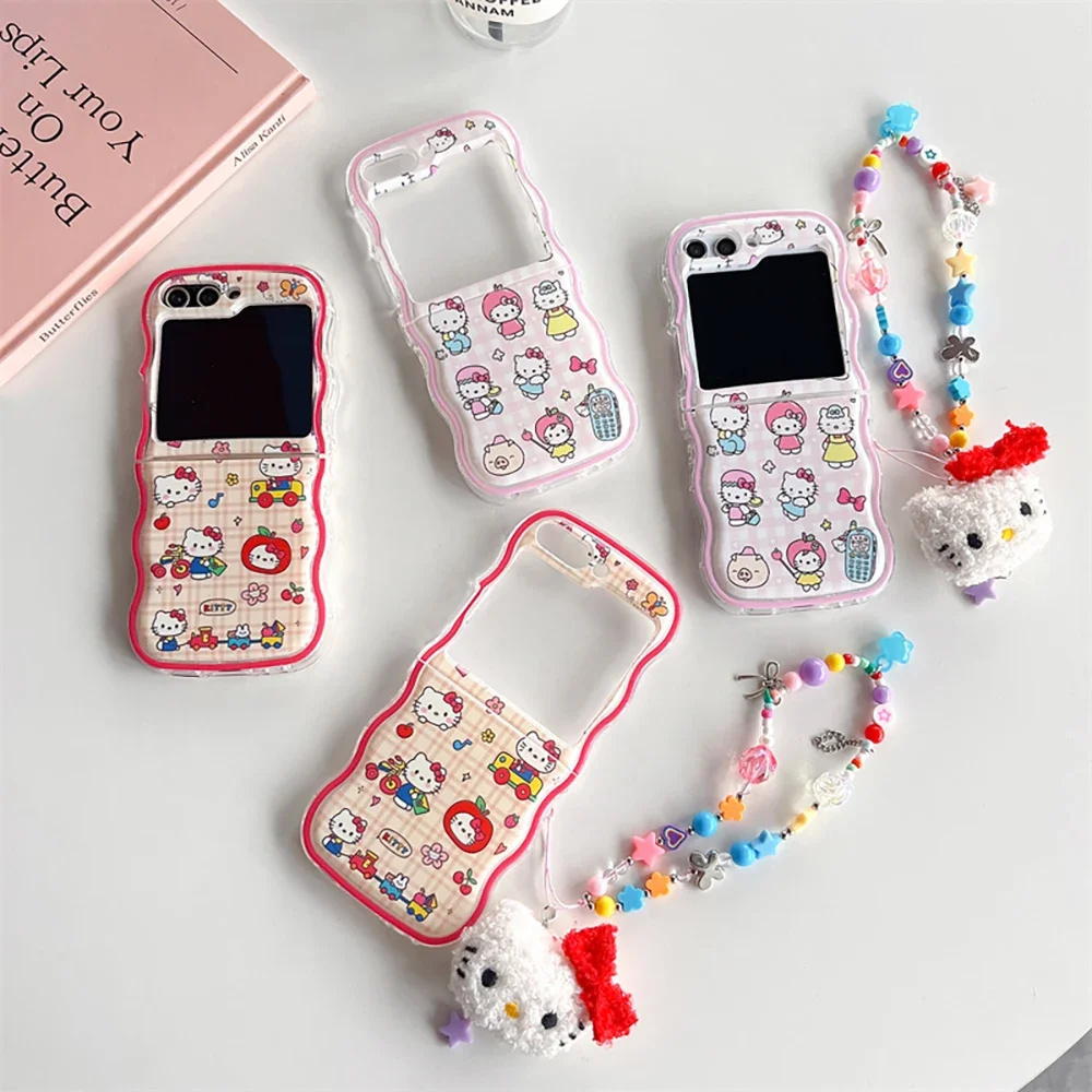 Cartoon Sanrio Hello Kitty with Plush Bracelet Phone Case for Samsung Galaxy Z Flip 3 4 5 5G PC Hard Anti-drop Back Cover Funda