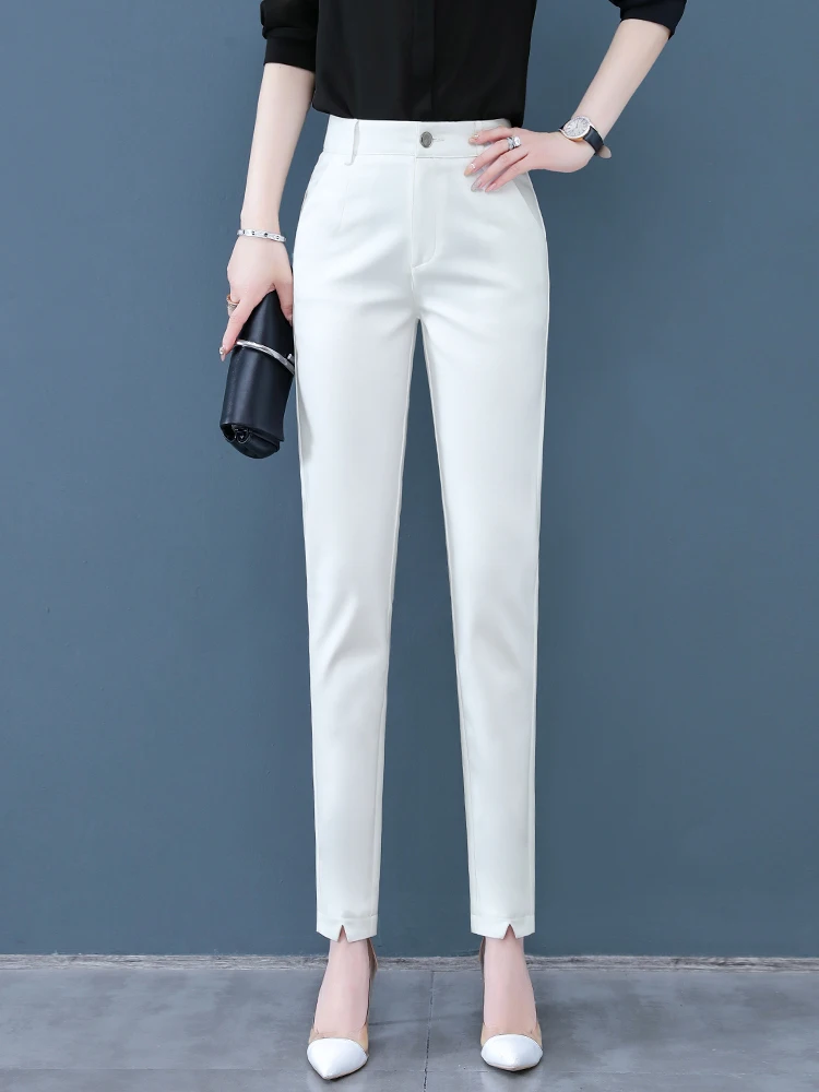

Белые повседневные брюки узкого кроя для женщин, весенне-осенние, новая модель, тонкие, с высокой талией, брюки-харлан, приятные для кожи, дышащие