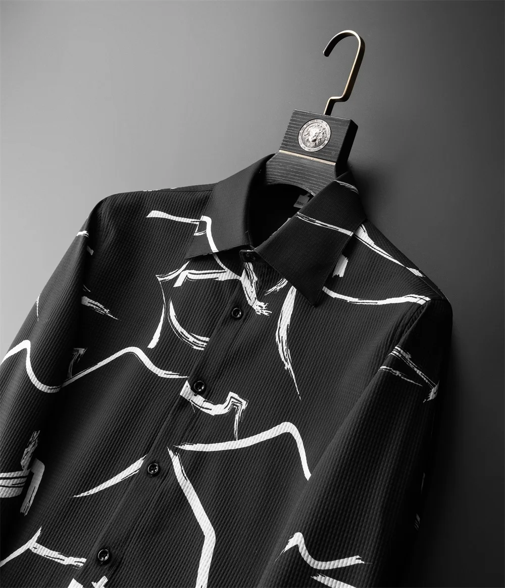 British Style Printed Men's Shirt Long Sleeve Loose Casual Shirts Men Clothing 2024 Autumn Business Social Party Tuxedo Blouse