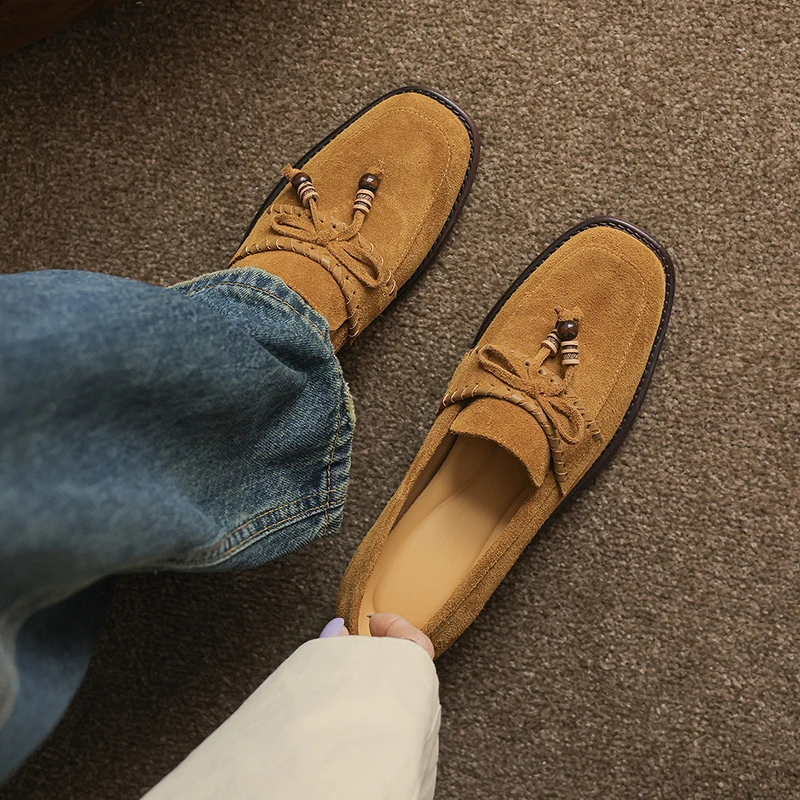

2026 Fashion News Loafers Women Pumps Shoes Cow Suede Woman Spring Genuine Leather Mid Heel Casual Shoes Round Toe Ladies 34-40