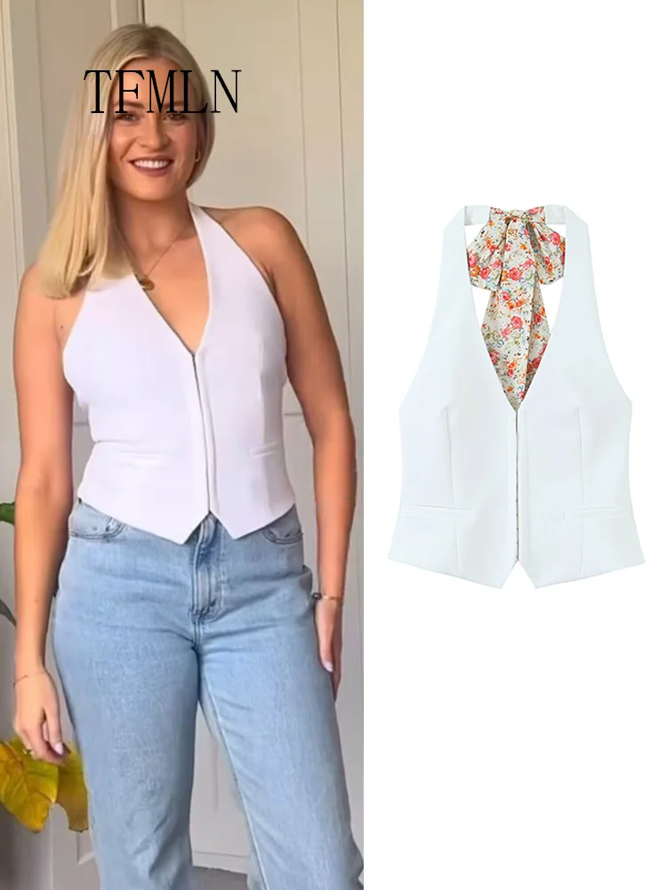 

TFMLN 2025 Summer Women Halter Tops Fashion Chic Causal Sleeveless Backless Camisole Tops High Street Thin Cropped Tops