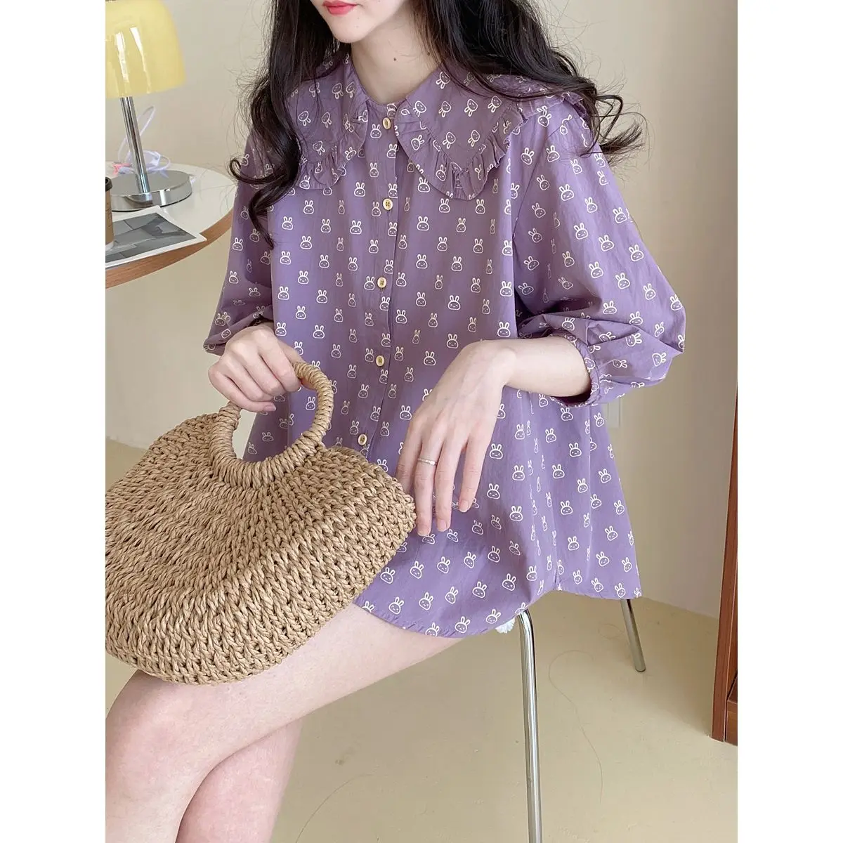 

Women Clothes Casual Korean Fashion Loose Buttons Single Breasted 3/4 Sleeve Youth Lively Bright Easy Close to the People Wild