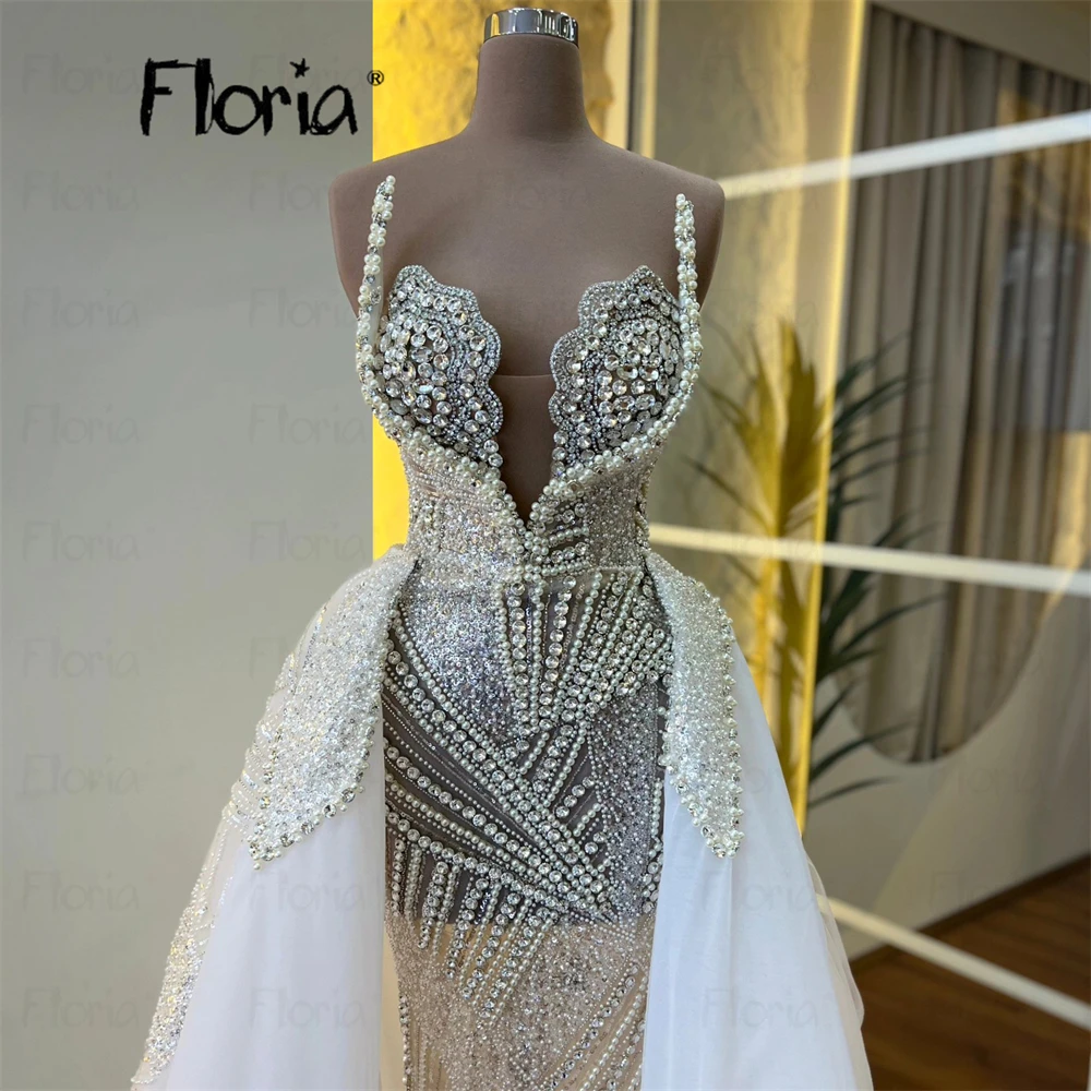 Illusion Design White Evening Dress Customized Heavy Beaded Pearls Wedding Party Giwns Bride Overskirt Formal Dresses Aso Ebi