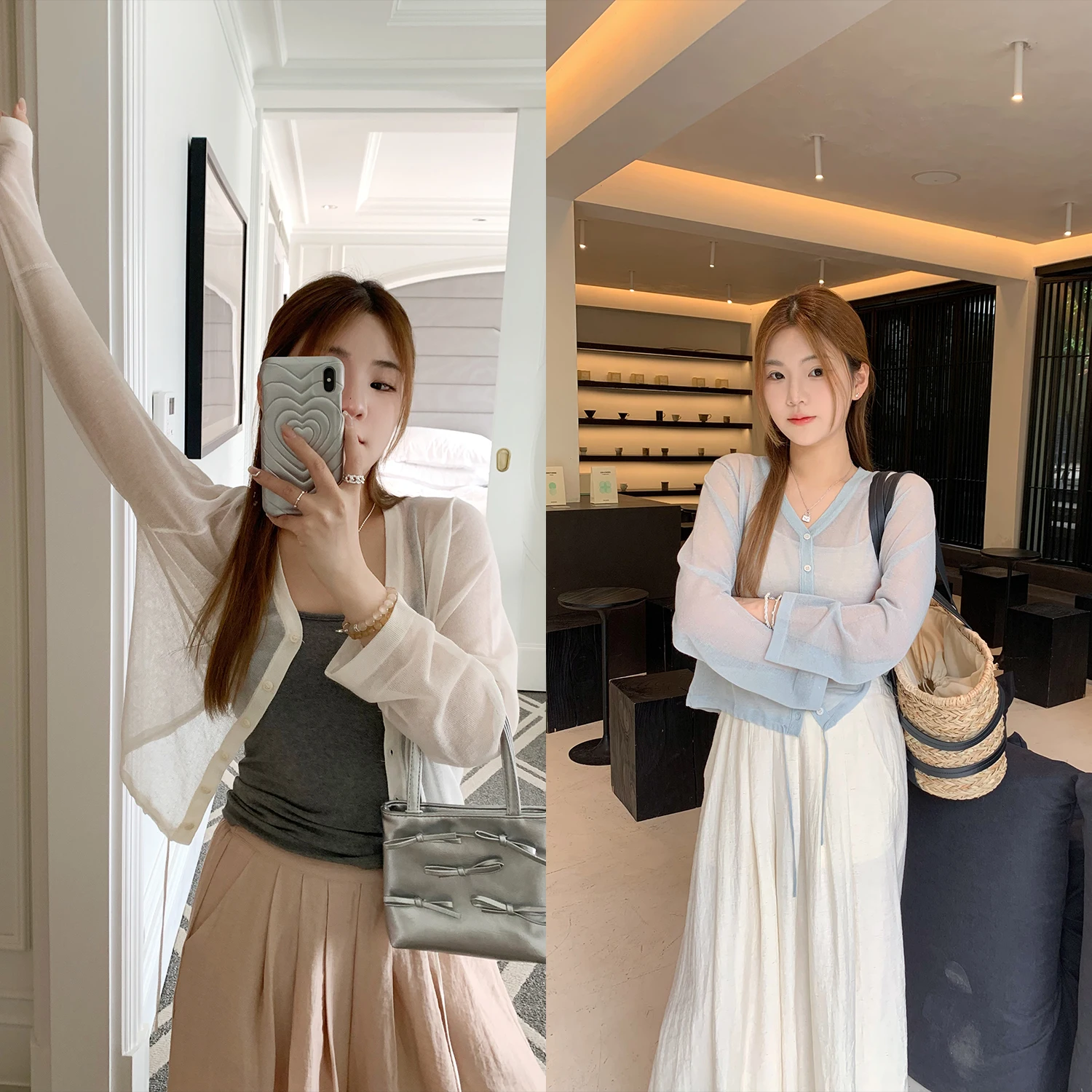 

Y Studio Summer Sun Protection Tee-Piece Set Knitted Open Cardigan Wide Leg Pants Pink Casual Sle for Women