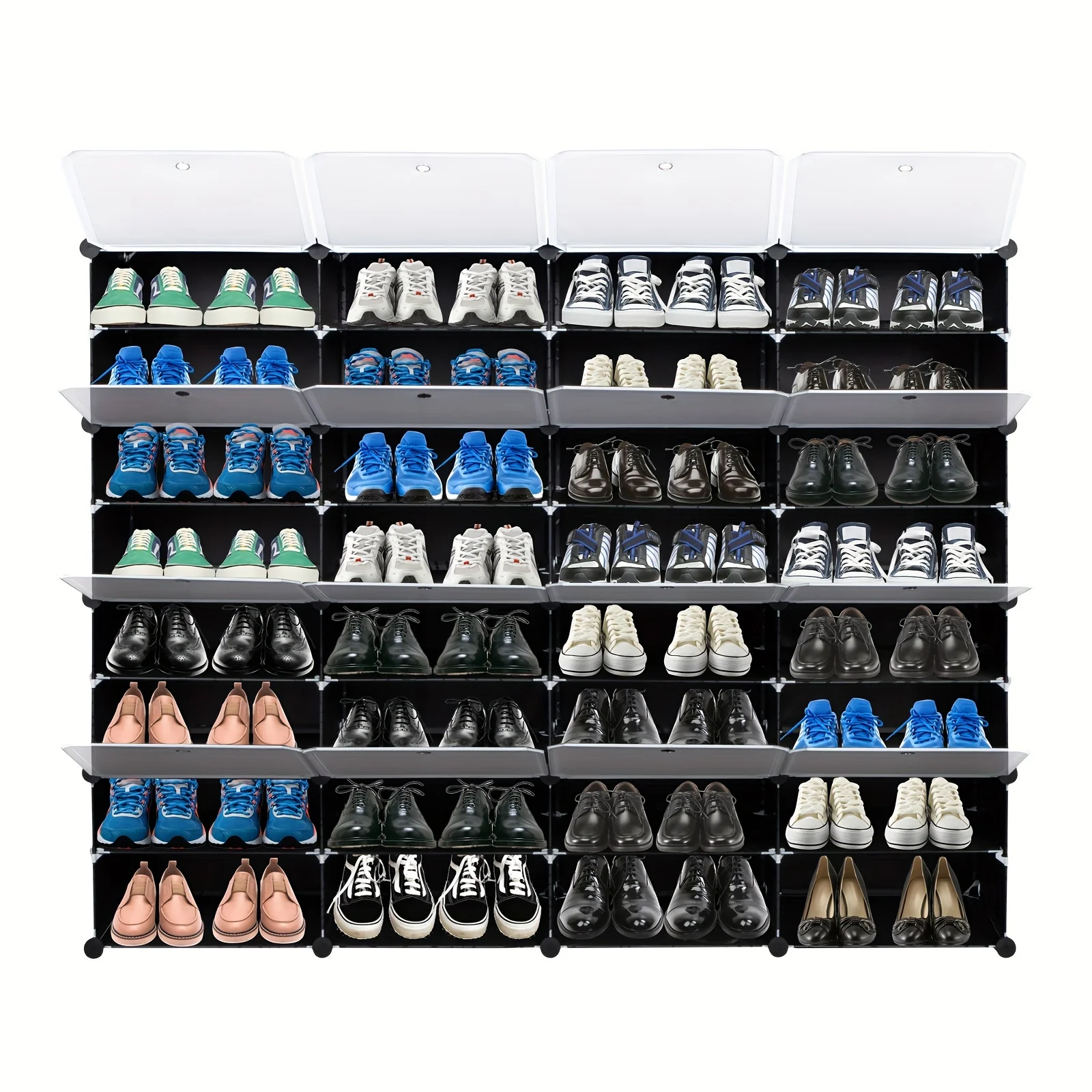 

4-Row 8-Layer 32-Compartment Clear Stackable Shoe Organizer - Crystal-Clear Dustproof Storage System for Dorm Rooms, Apartmen