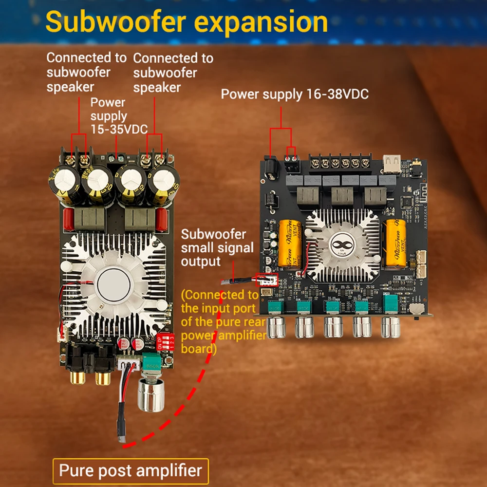

DC16-38V ZK-AS21 2.1 Channel Audio Amplifier Module TPA3255 Bluethooth Digital Amplifier Board 220W+220W+350W Sound Amplifier