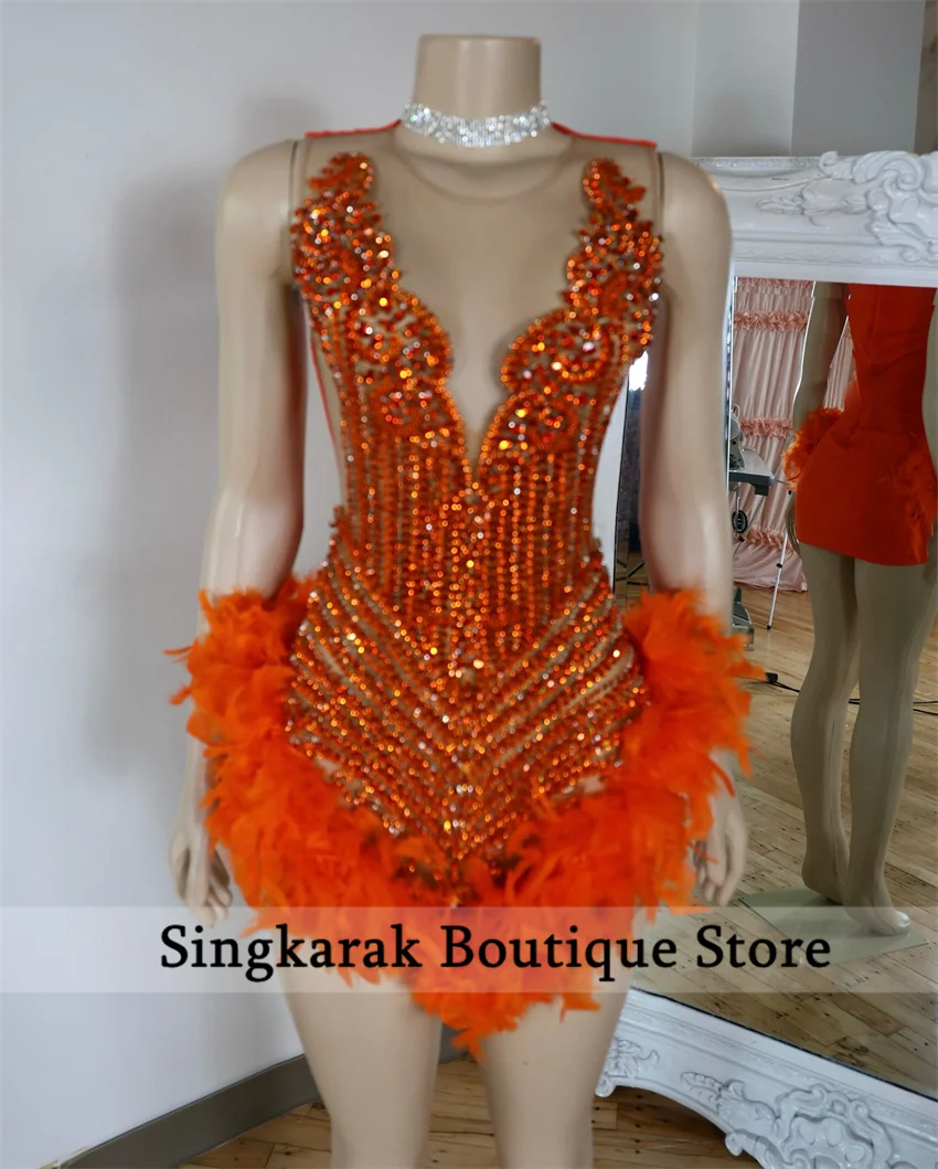 Krótka sukienka na studniówkę w kolorze pomarańczowym z kryształami dla czarnoskórej dziewczyny, sukienka na powrót do szkoły, studniówkę, koktajl, przyjęcie urodzinowe, suknia 2026, pióra, możliwość personalizacji