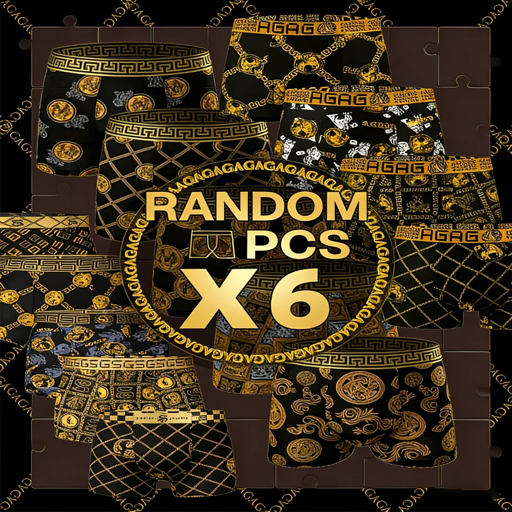 

random 6-Pack Black Golden Greek Pattern Men's Boxer Briefs Random Style Stretchy Soft Breathable Daily Underwear