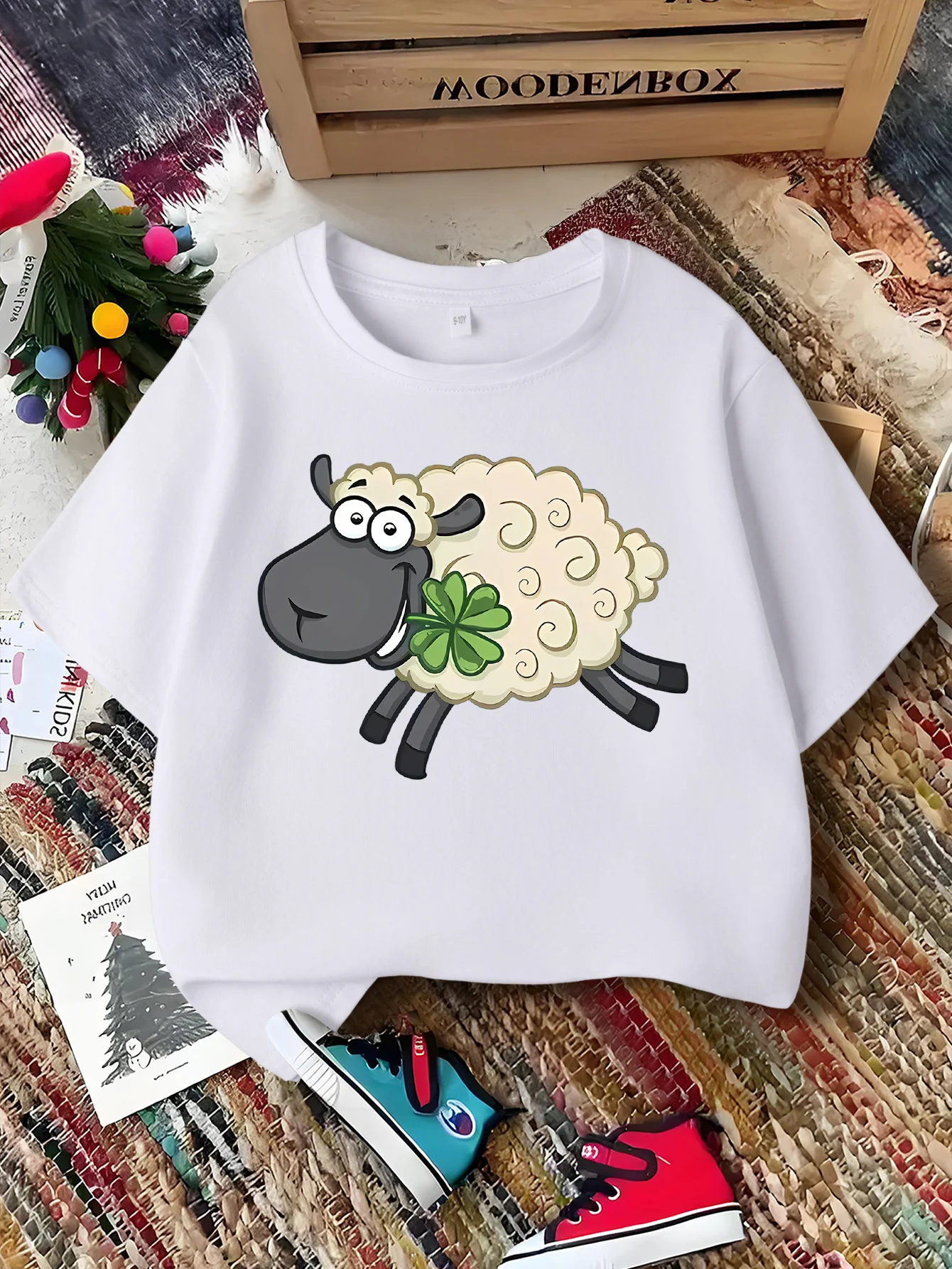 Lucky Clover Sheep Cartoon Print Kids Tee Boys Girls Family Matching Short Sleeve Soft Breathable Parent Child Daily Comfort Top