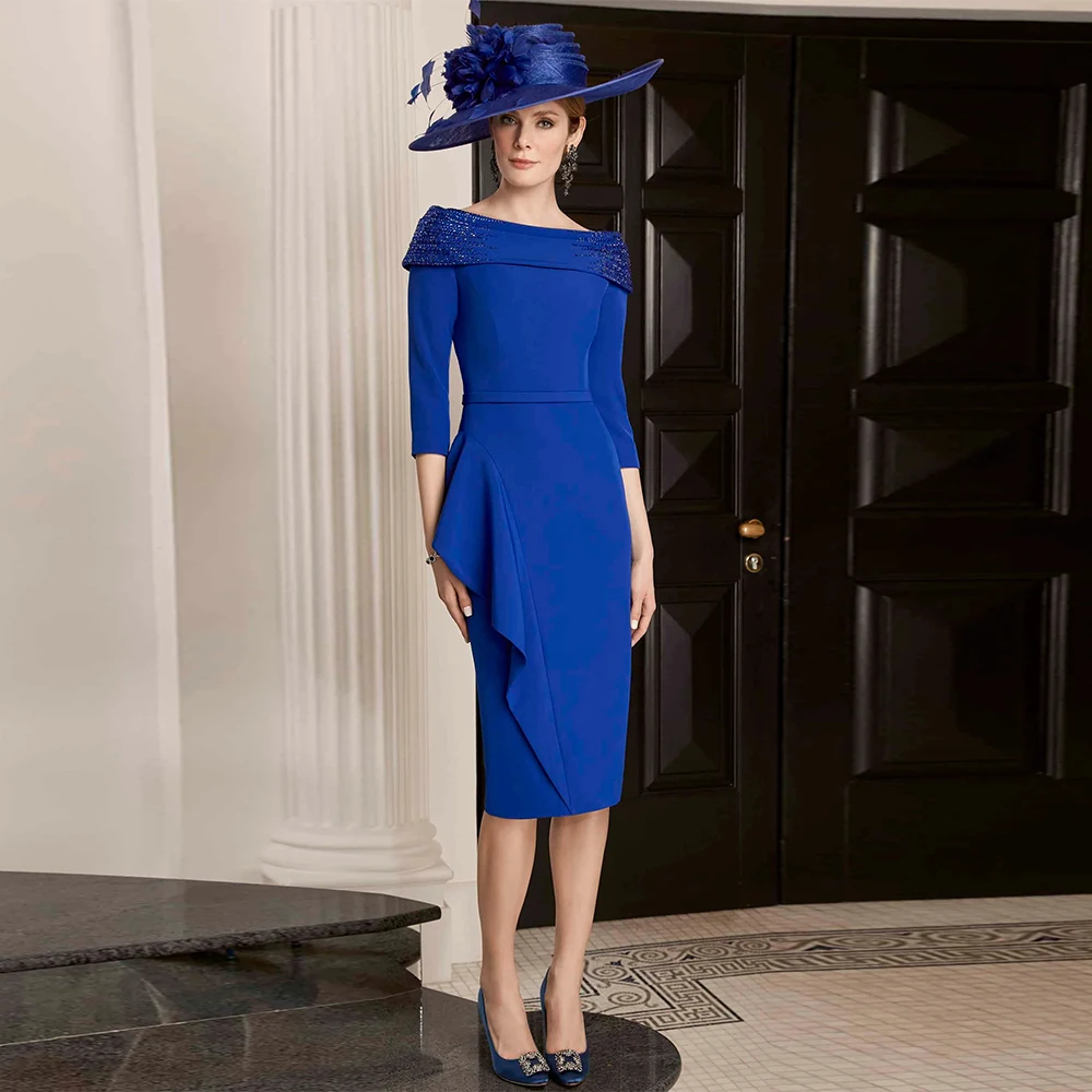 

Classic Women's Cocktail Party Gowns Crepe Fabric Sheath/Column Mother of the Bride Dress 2025 Royal Blue Boat Neck Prom Dress