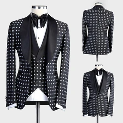 Latest Design Black White Dots Mens Suits For Wedding Shawl Lapel Groom Tuxedos Slim Fit Terno Masculino Prom Party 3 Pieces Set