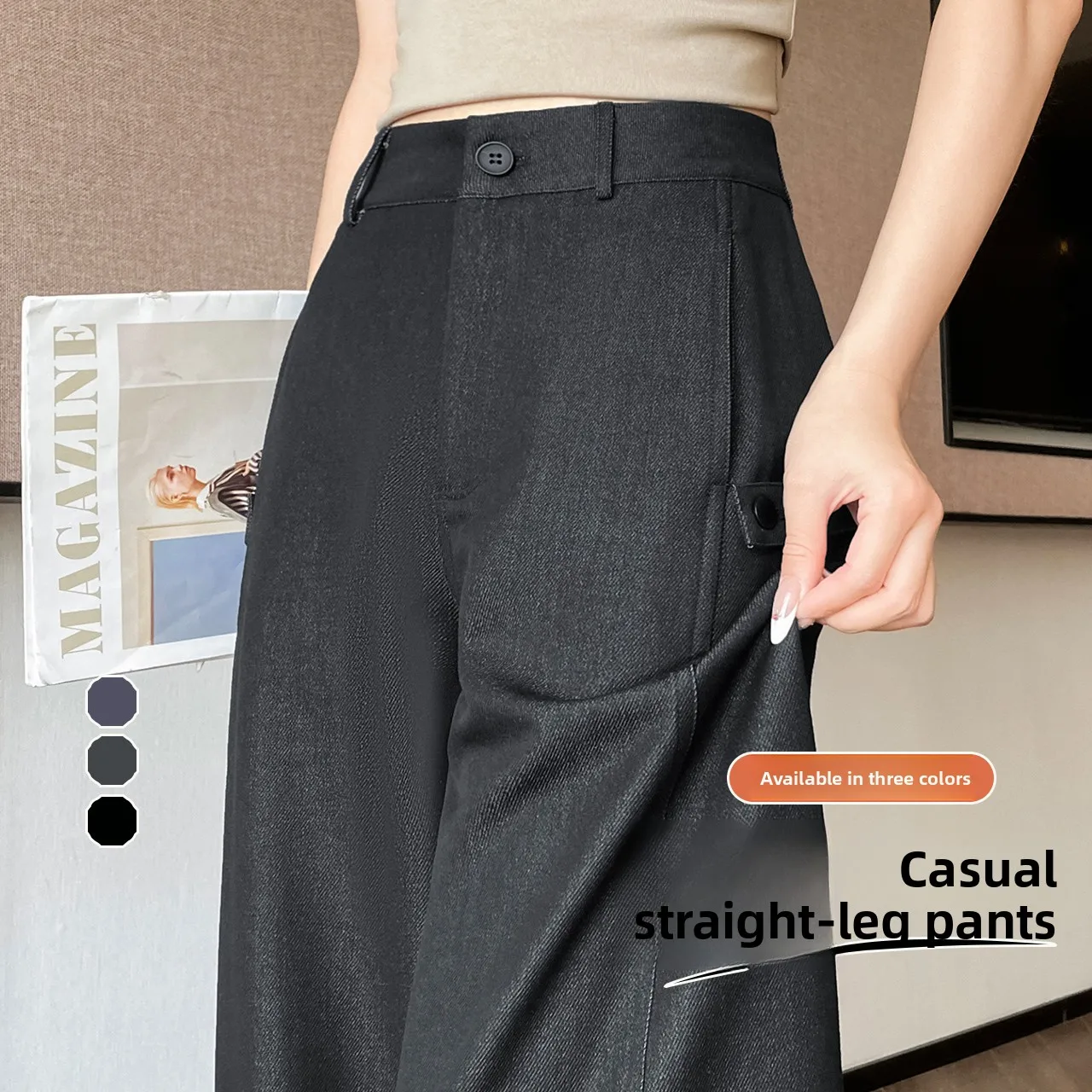 

Ele Bla Gold Narrow Acetate Lyocell Wide Leg Pants Slimming Loose Long Trousers Straight Cut Formal Pants for Women