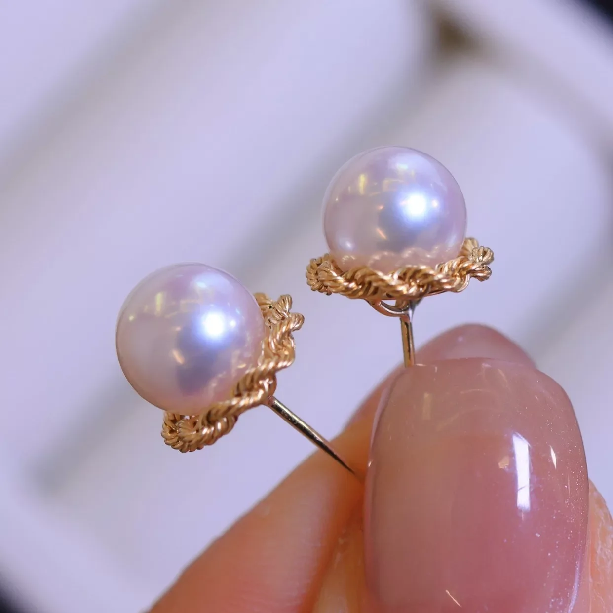 Japan-New ear studs AAAA8-9mm natural pearl earrings 18k/AU750 gold+925 silver exquisite and simple