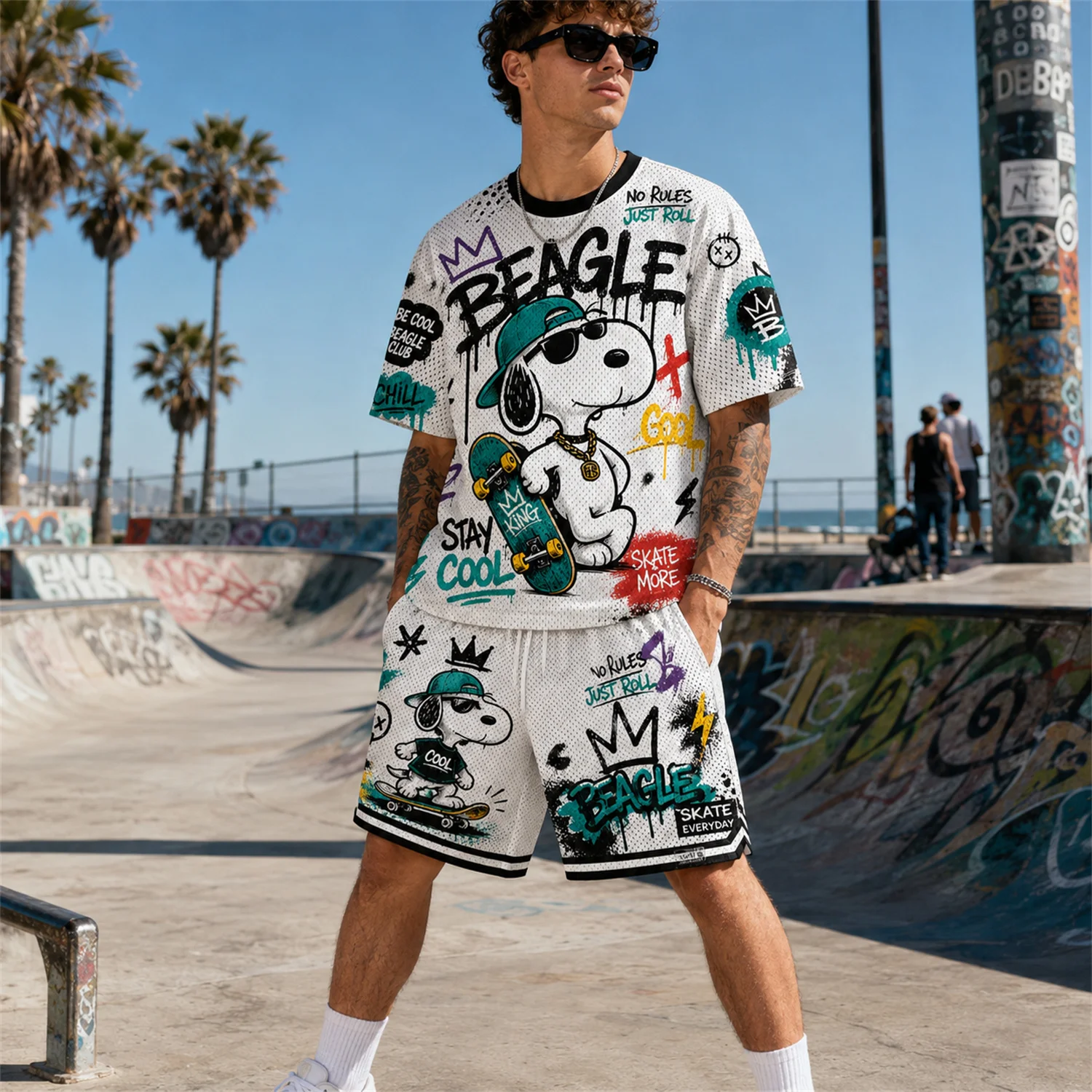 Skate Snoopy Graffiti Mesh T-shirt Shorts Set Kids Quick Dry Breathable Summer 2 Piece Casual Sports Outfit