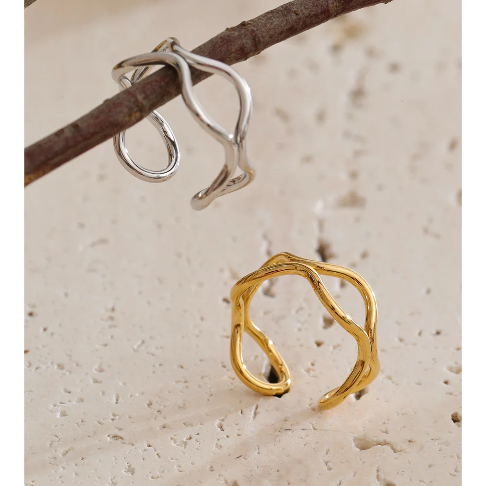 Yhpup Stainless Steel Hollow Geometric Open Adjustable Ring 18K PVD Plated Distinctive Daily Summer Jewelry Wholesale