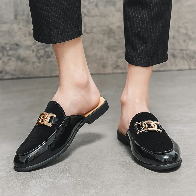 Mens Designer Brand Italian Casual Chain Loafers Leather Luxury Business Men Half Shoes Drop Ship Mules Black Slides Slippers