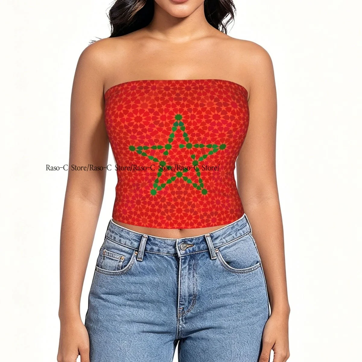 Women Block Crop Slim Tube Top Morocco Flag With Traditional Moorish Ornament Strapless Top For Summer Female Clothing