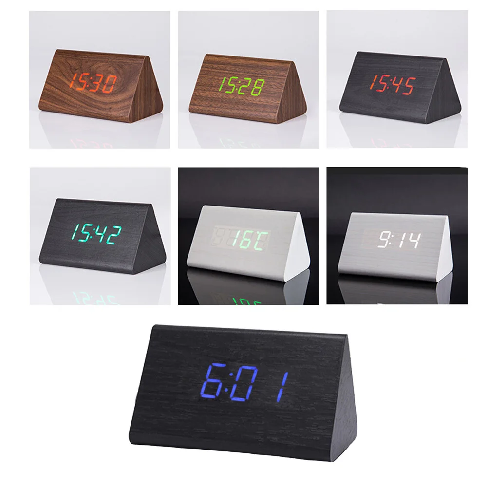 

Triangle LED Wooden Clock Digital Alarm Snooze Function Indoor Temperature Display Modern Home Decor Black Wood Blue Light