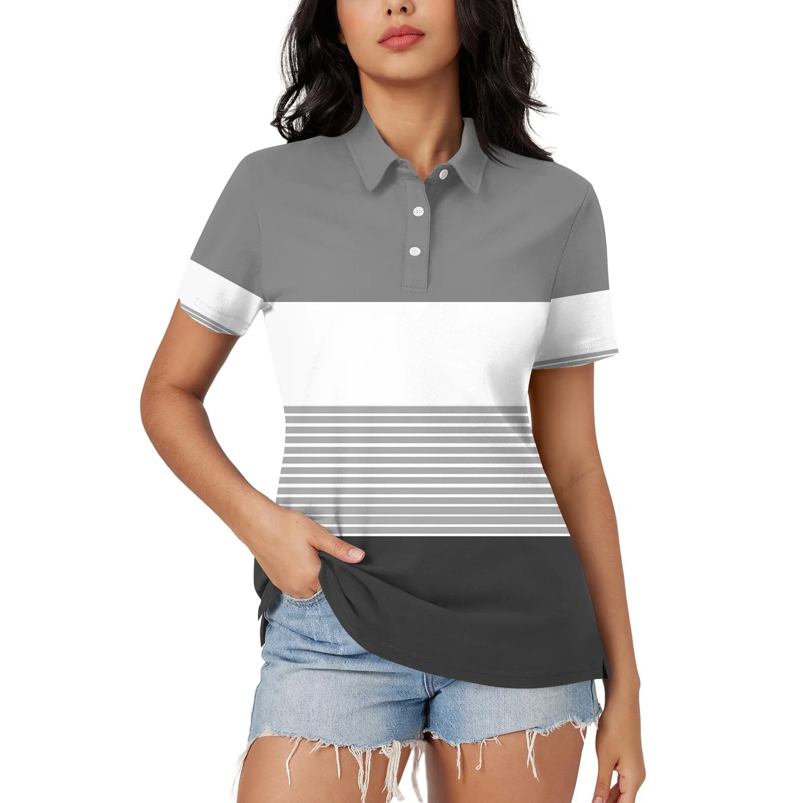 

Simple lines, button up, short sleeved casual design, polo women's short sleeved top, slimming 3D printing MB13