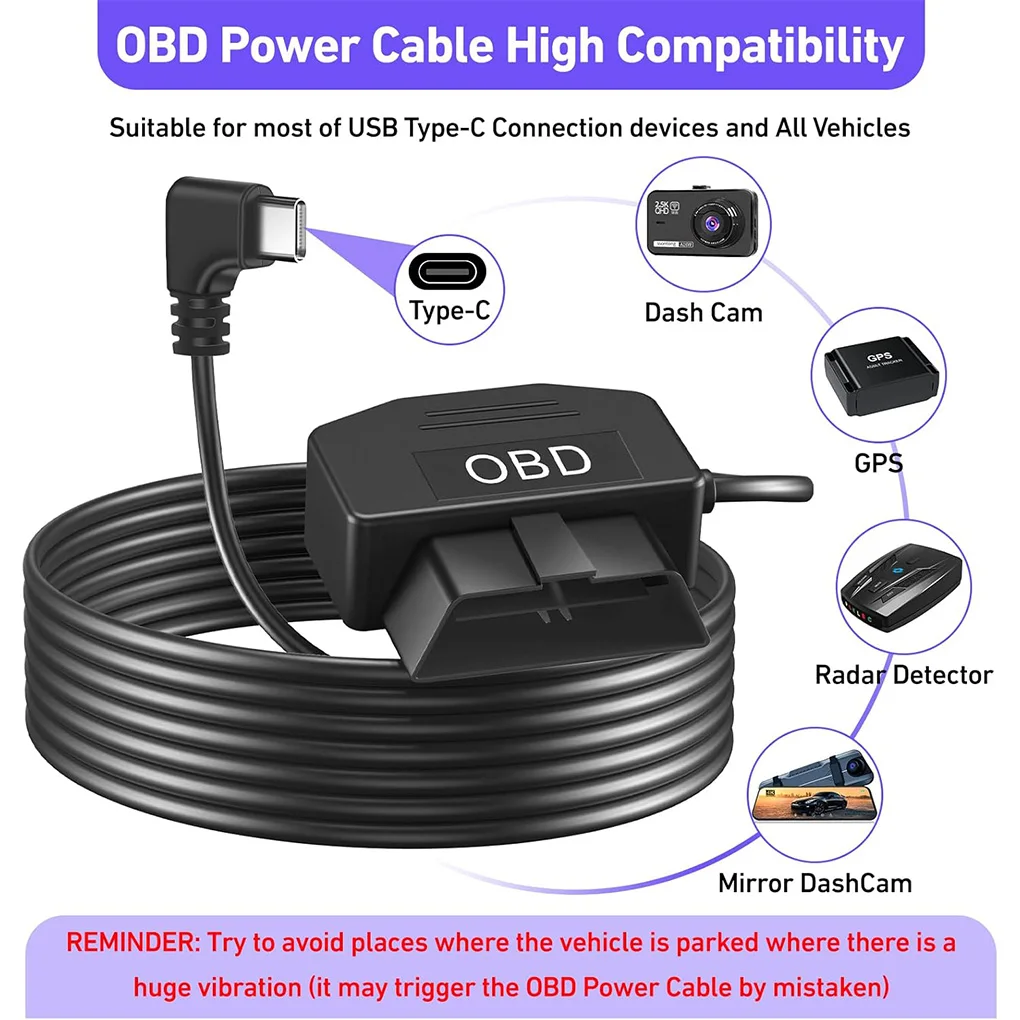 OBDII Power Cable For Dash Camera OBDII Power Cable OBD To Type-C Adapter 12-24V To 5V/3A Battery Protection