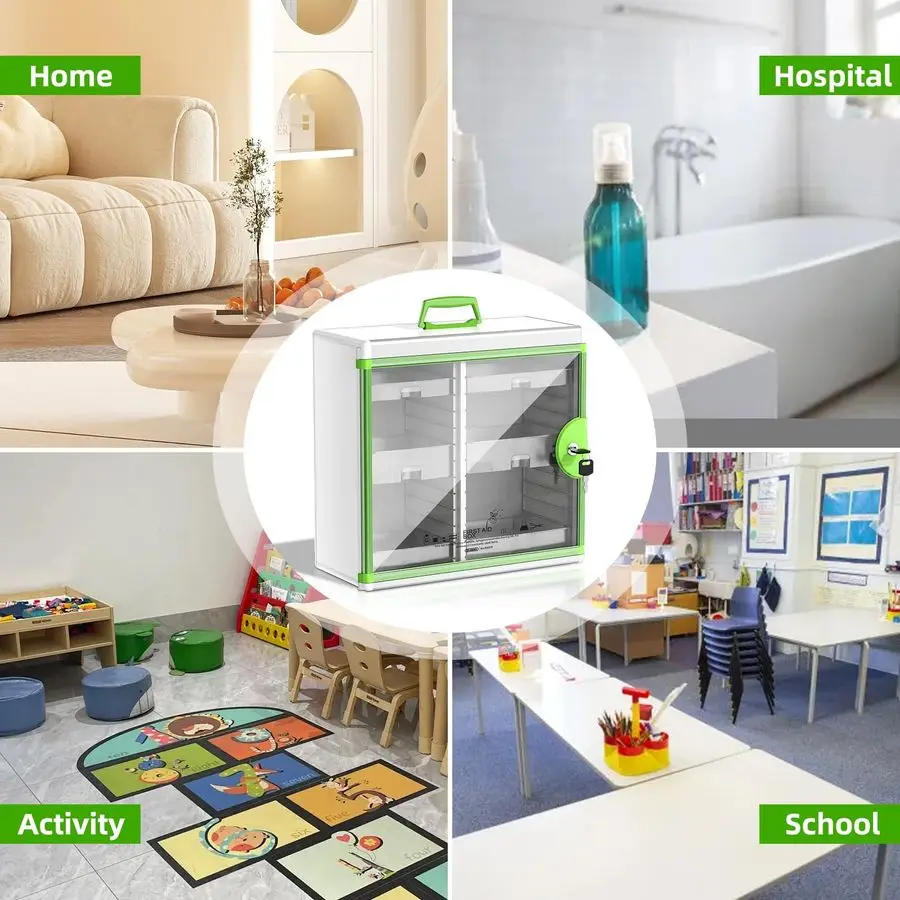 خزانة أدوية مع صندوق قفل أدوية مثبت على الحائط باللون الأخضر مقاس 15 × 6.7 × 13 بوصة حاوية تخزين محمولة بسعة كبيرة #6