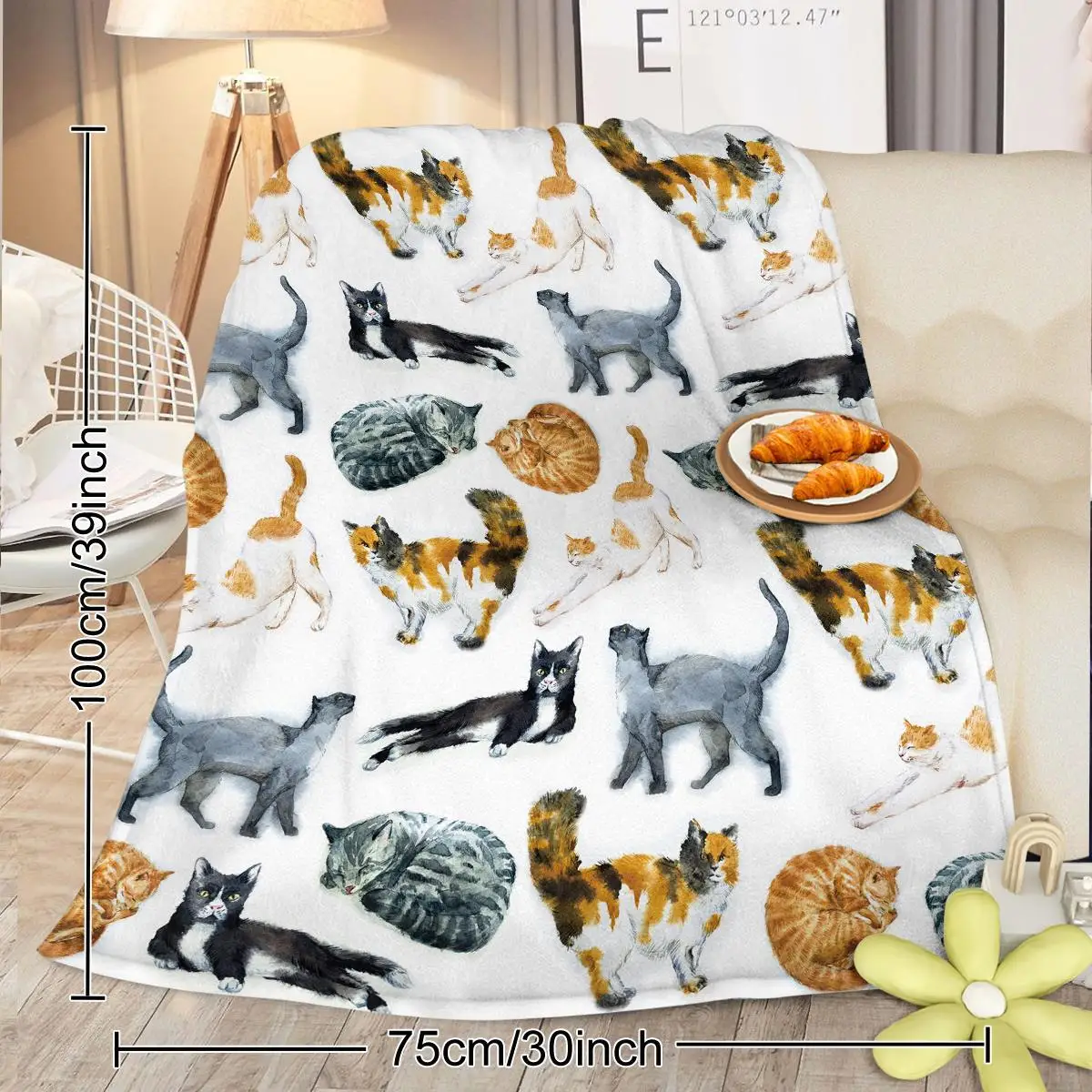 Hipster Cats Pattern Flannel Fleece Blanket Plush Lightweight Blanket Vintage Animal Flannel Blanket All-Season for couch Sofa