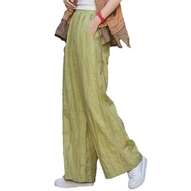 Bohemian Tie-Dye Wide Leg Pants - Stonewashed Ramie Blend Relaxed Fit Trousers