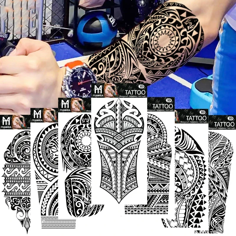 

Waterproof Temporary Fake Tattoo Upper Arm Men Women Human Wolf Head Totem Arabic Text Disposable Fake Pattern Stickers