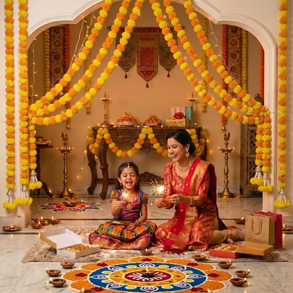 5 Stück Künstliche Ringelblumen-Girlande 150cm Hängende Blumengirlande für Hochzeits- und Partydekoration, Diwali-Heimdekoration, Künstliche Girlanden – Detail 4