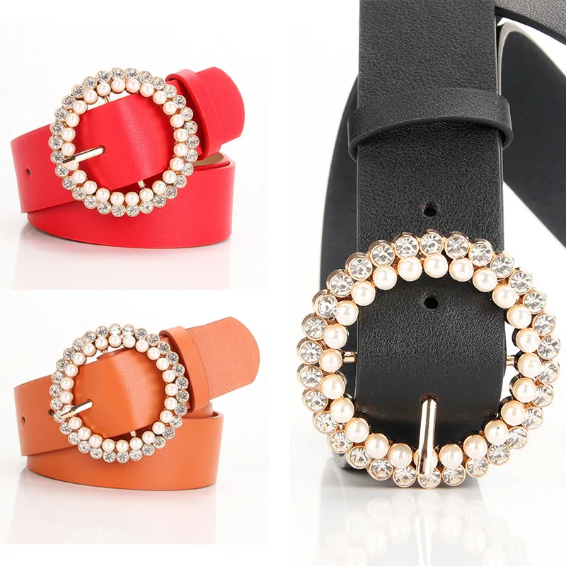 

Women's Belt Buckle Head Inlaid Rhinestone Fashion Sweet Pearl Belt Girls with Dress Decoration Belts