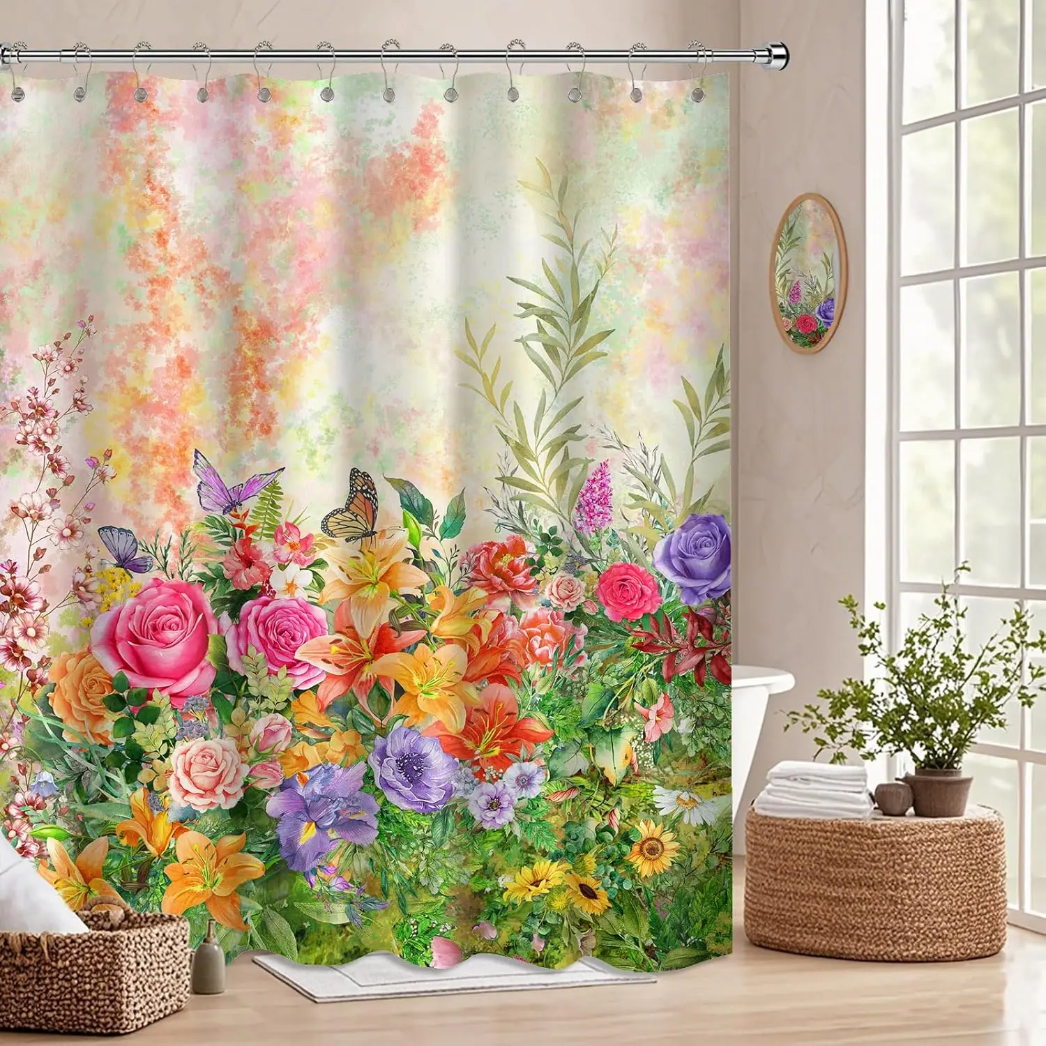 

Spring Floral Shower Curtain Flower Colorful Butterfly Wildflower Watercolor for Women Bathroom Decor, Waterproof Cloth Fabric