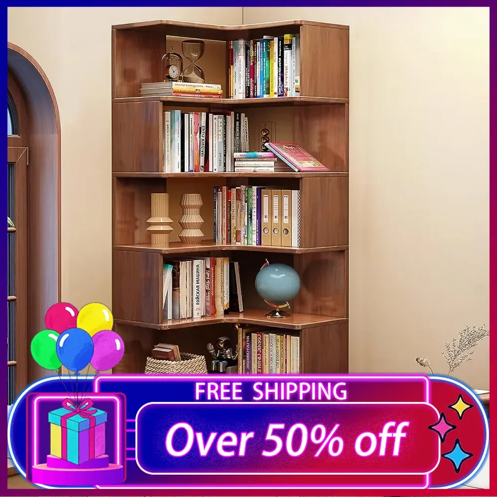 

6-Tier Corner Bookshelf, 75" Tall Corner Bookcase Shelf, Solid Wood Bookshelf Organizer, Open Bookcase, Display Shelf Rack