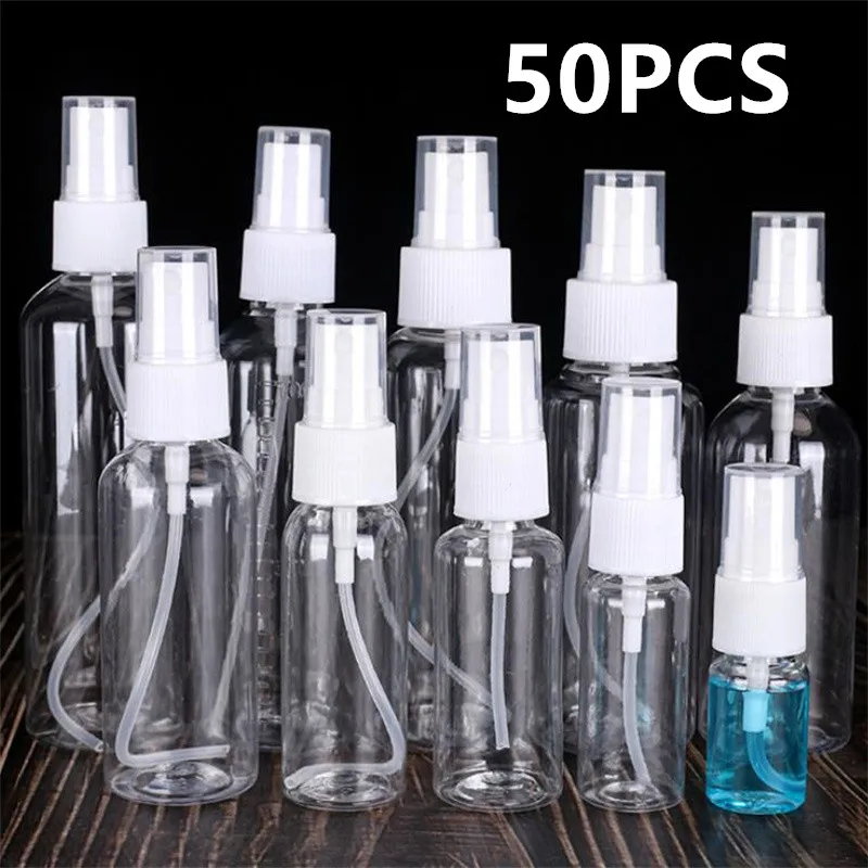Hurtownie 50 sztuk 10ml 50ml 100ml przenośne butelki z rozpylaczem puste pojemniki butelka z atomizerem podróżna butelka perfum butelka na alkohol