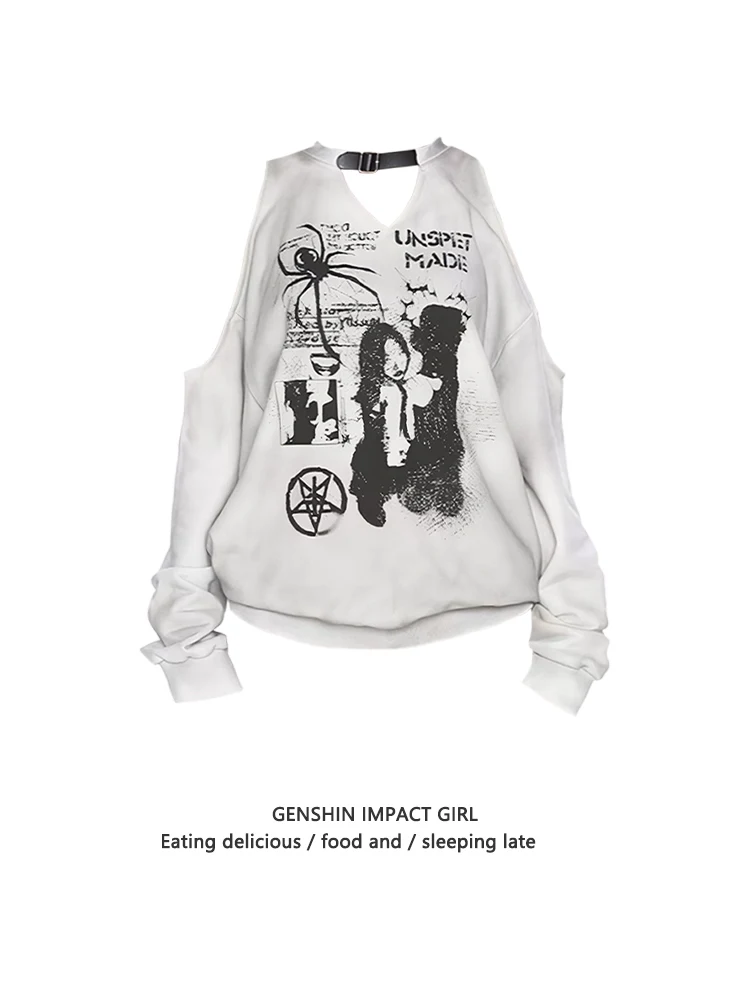 

Doodle Print Off-Shoulder Long Sleeve Sweatshirt Women's Thin Worn Design Loose Slimming Versatile Hollow Top for Autumn
