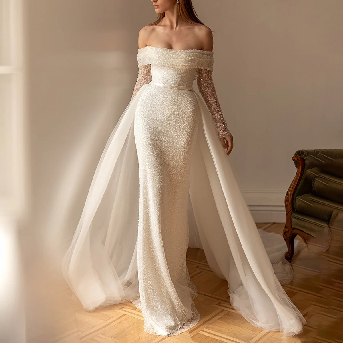 

Luxury Beaded Sequin Off Shoulder Wedding Dresses For Bride Sparkly Long Mermaid Bridal Party Gown With Train Vestidos Novia