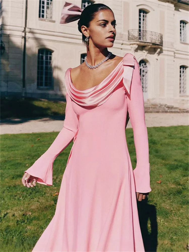 

Elegant Backless Scoop Neck Long Dress Female Ruffled Slim High Waist Long Sleeve Bandage Party Dress Women's Maxi Dress