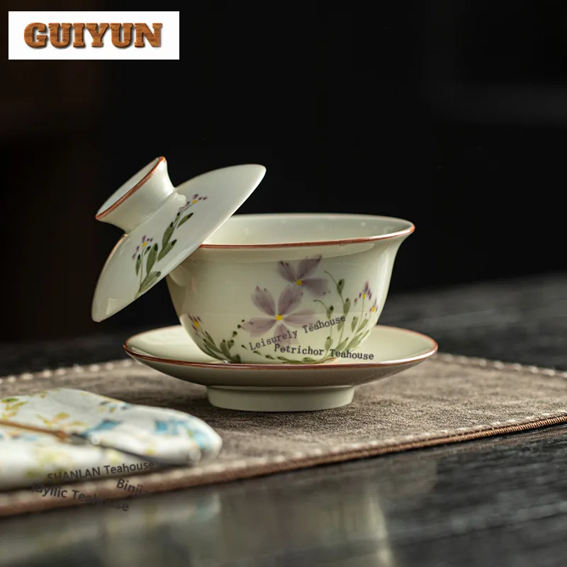 180ml Plant Ash Hand-painted Floating Gaiwan Antique Tea Tureen Tea Bowl With Lid Kit Tea Maker Cover Bowl Tea Items Ornaments