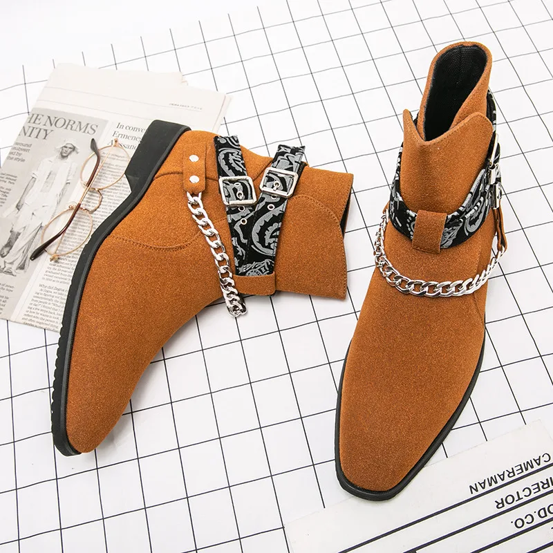 

Autumn Winter Buckle Chelsea Boot Man Pointed-Toe Suede Leather Boots Men Plus Size 48 Chain Men's Ankle Boots botas para hombre